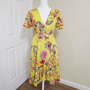 BANJANAN Fallax Dress Birdie Print Buttercup Yellow Tropical Ruffle Wrap Midi